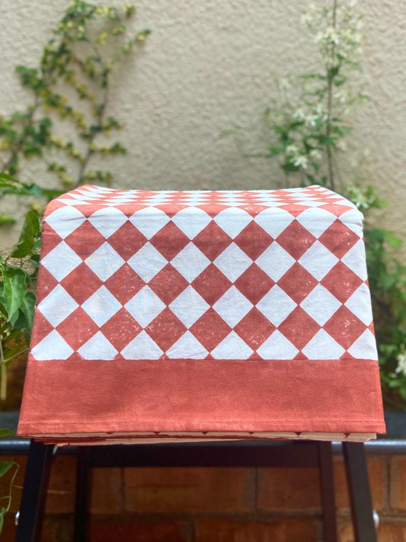 100% Cotton Block Print Table Cloth for 6 seater dining - Minimalistic Rust Diamond