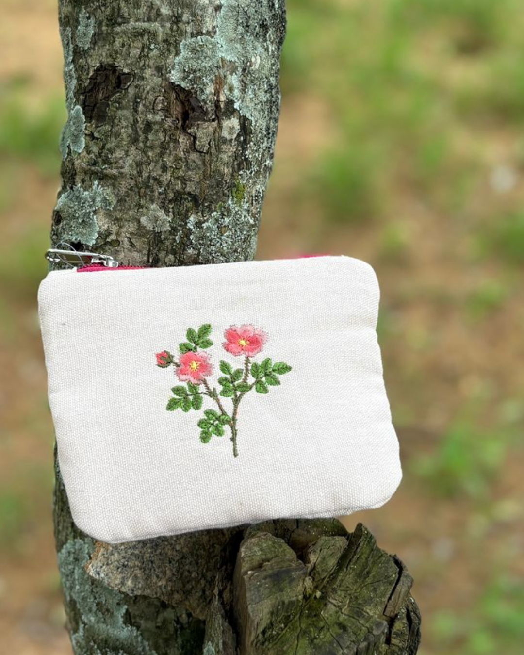 Embroidered Flower Pouch - Pink