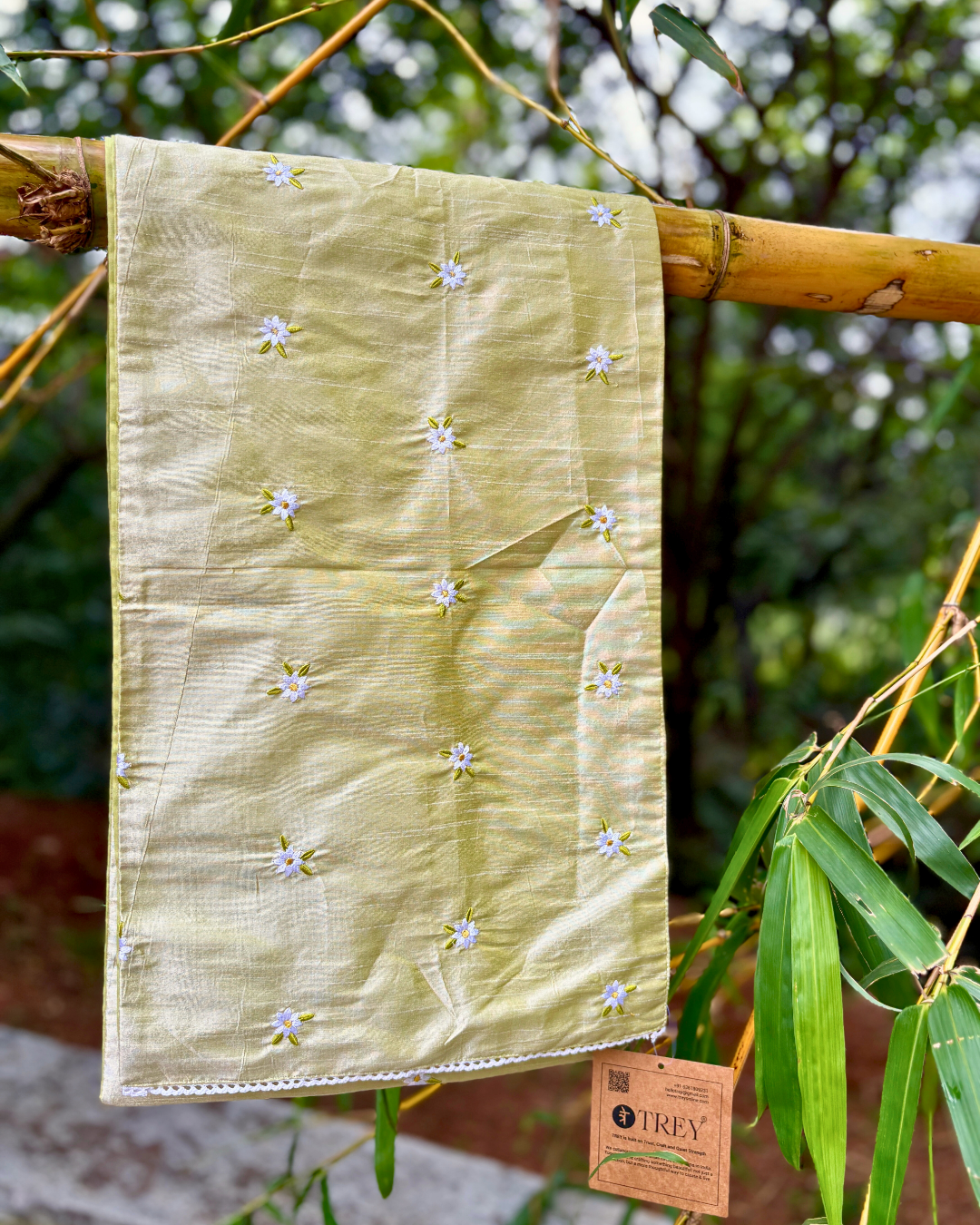 Embroidered Table Runner 12 x 90 inches - Pista Green with white flowers