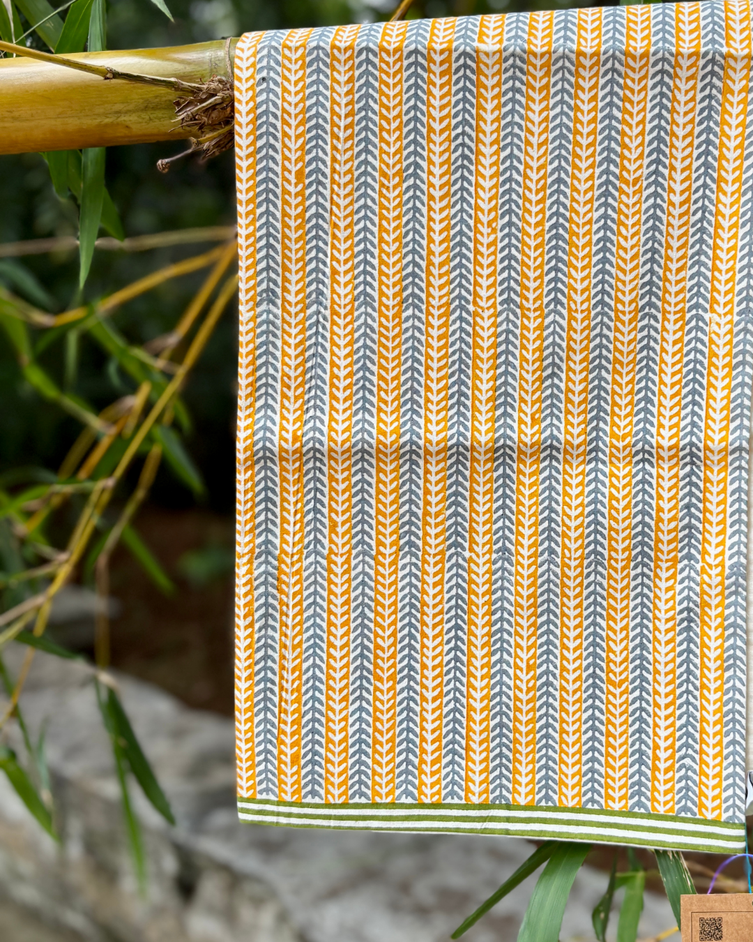Classic Block Print Table Runner for 6 or 8 seater dining - Grey and Mustard Leafy Stripes
