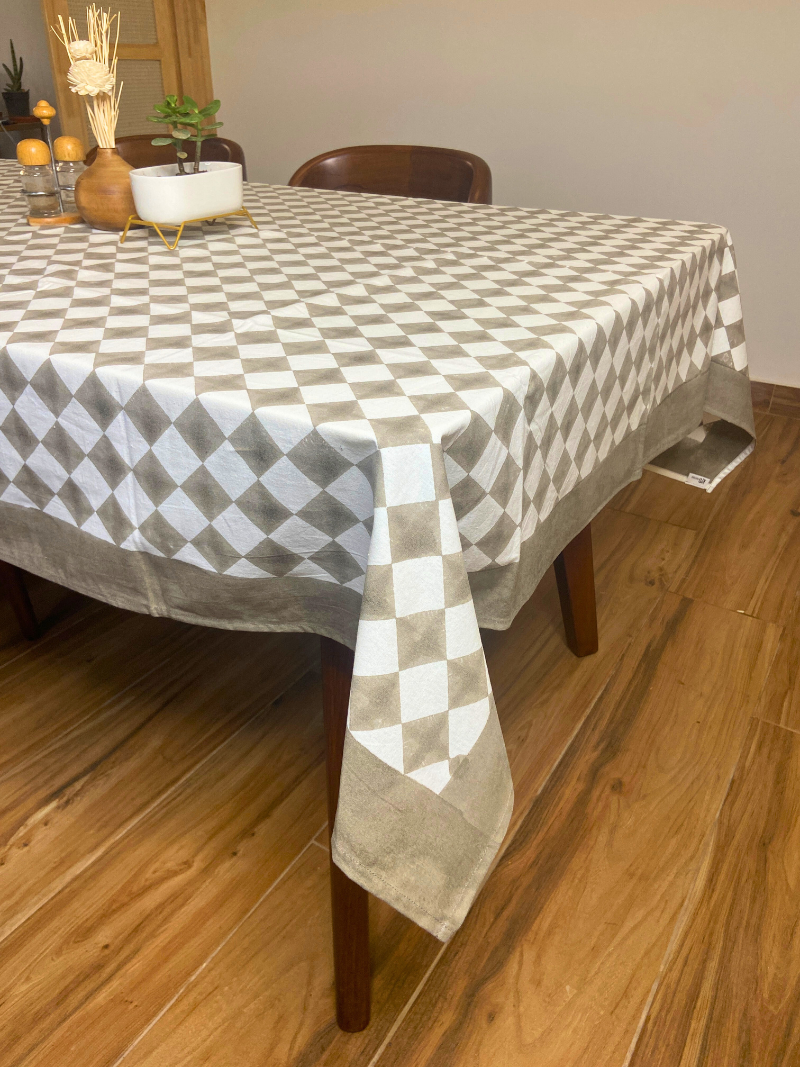 100% Cotton Block Print Table Cloth for 6 seater dining - Minimalistic Grey Diamond