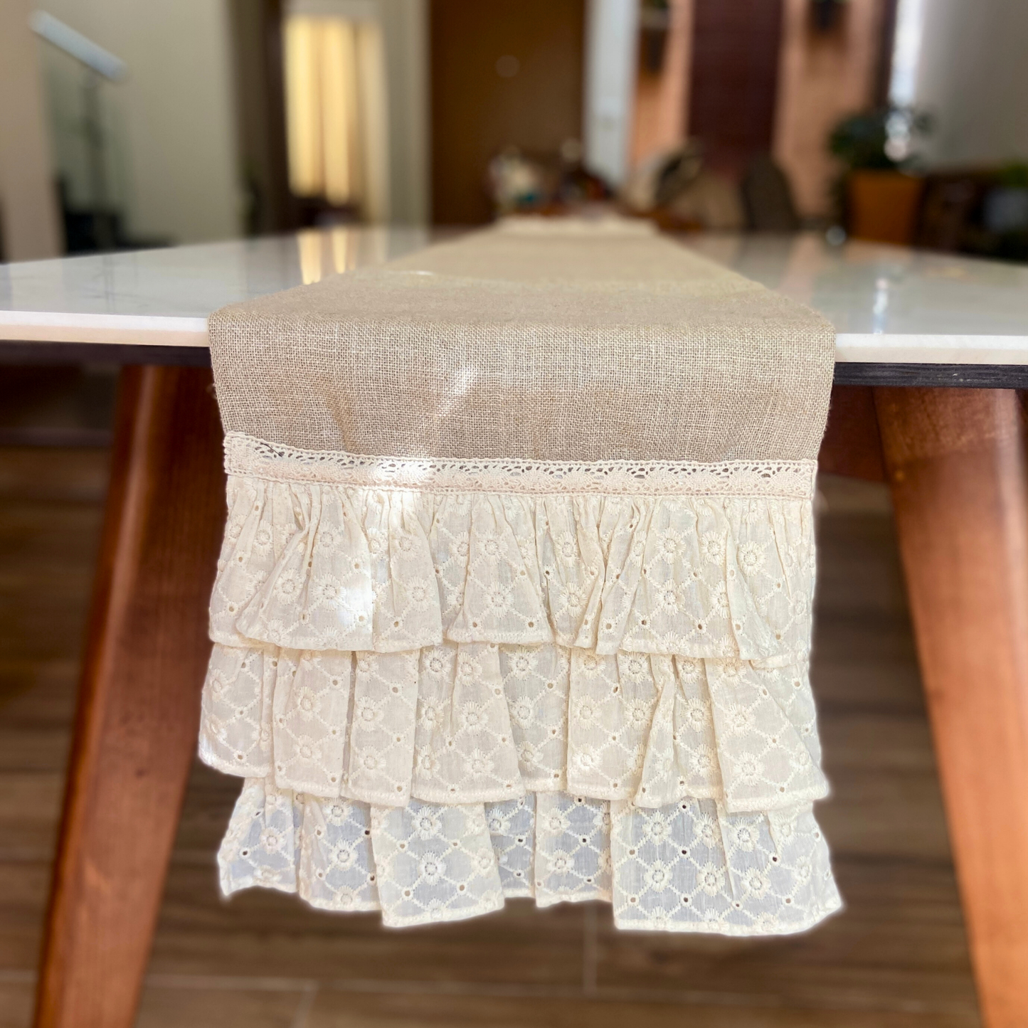 Rustic Modern Table Runner for 6 or 8 seater dining - Jute with triple hakoba frills