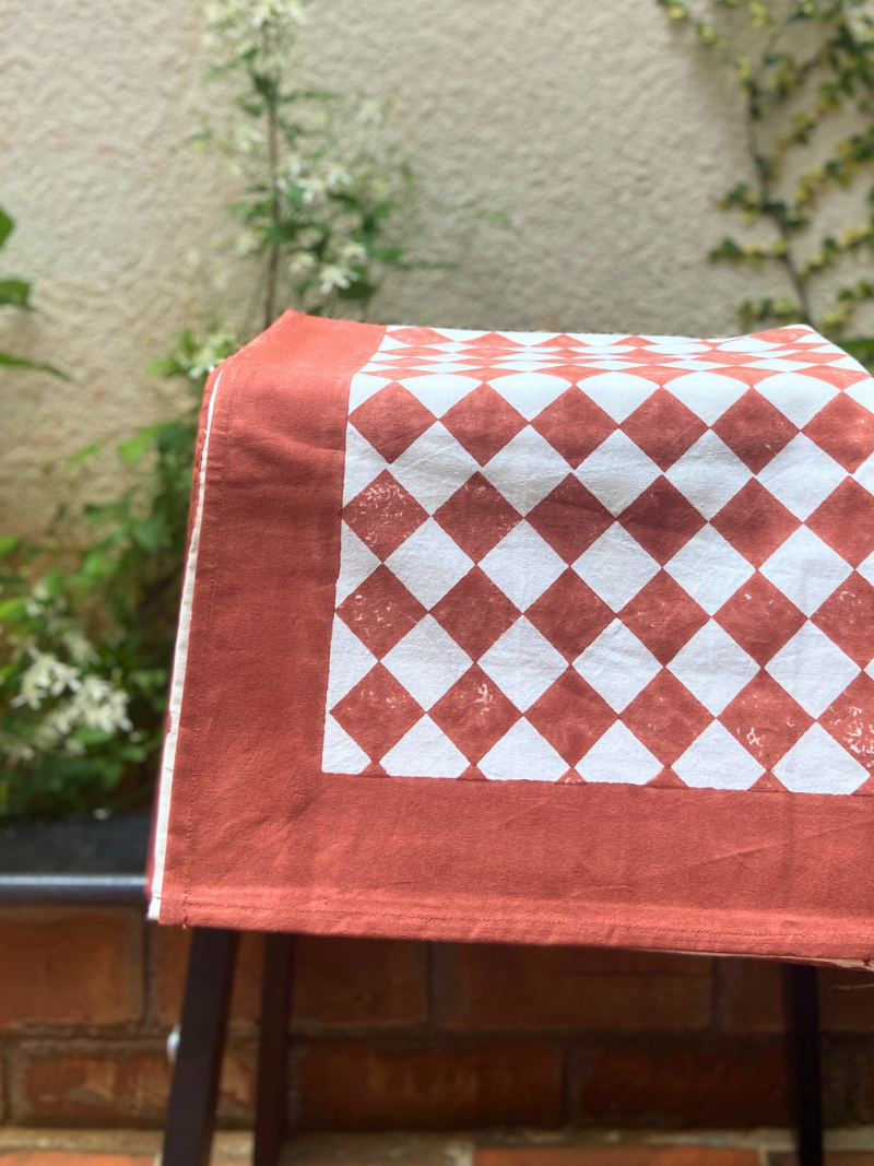 100% Cotton Block Print Table Cloth for 6 seater dining - Minimalistic Rust Diamond