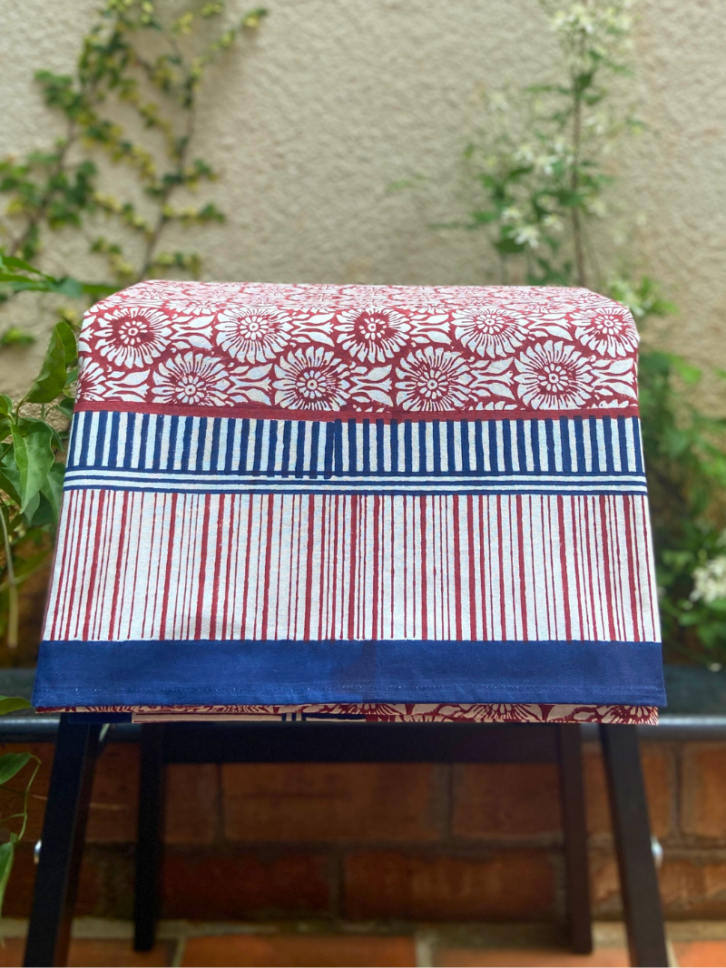 100% Cotton Block Print Table Cloth for 8 seater dining - Rust Flowers