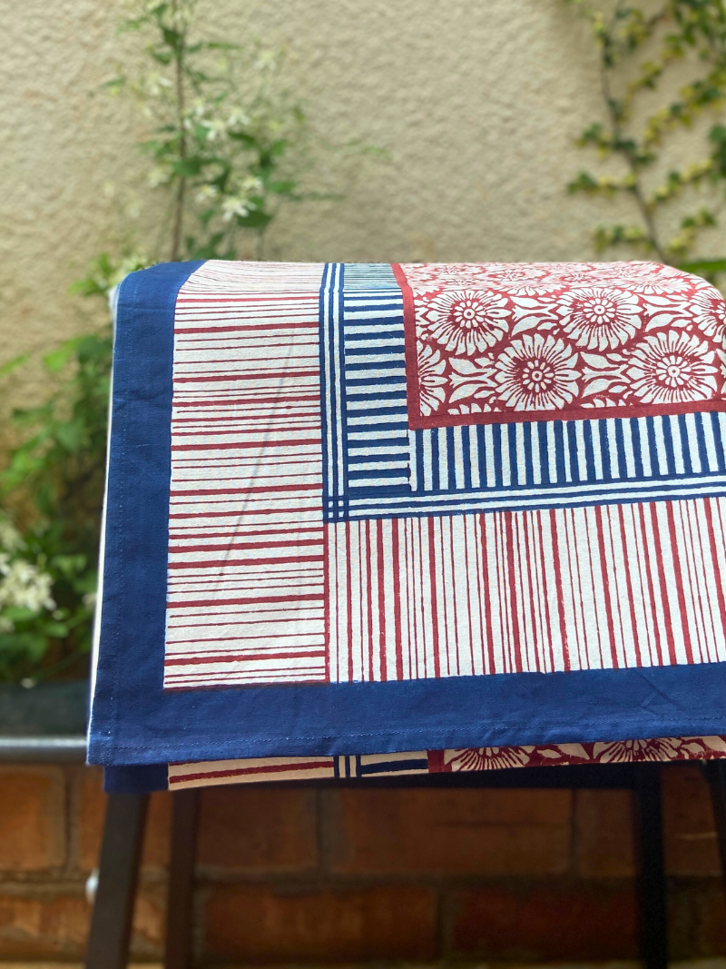 100% Cotton Block Print Table Cloth for 8 seater dining - Rust Flowers