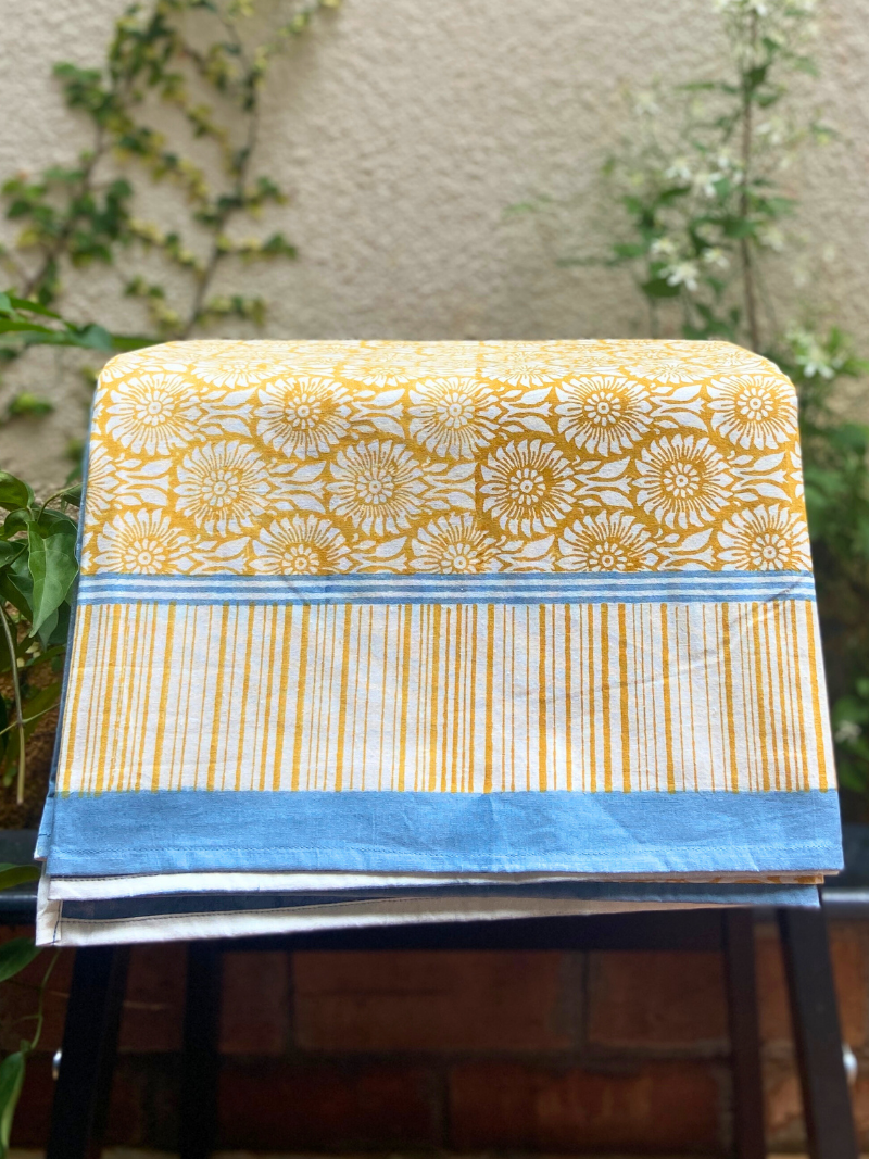 100% Cotton Block Print Table Cloth for 8 seater dining - Sun Flower Mustard