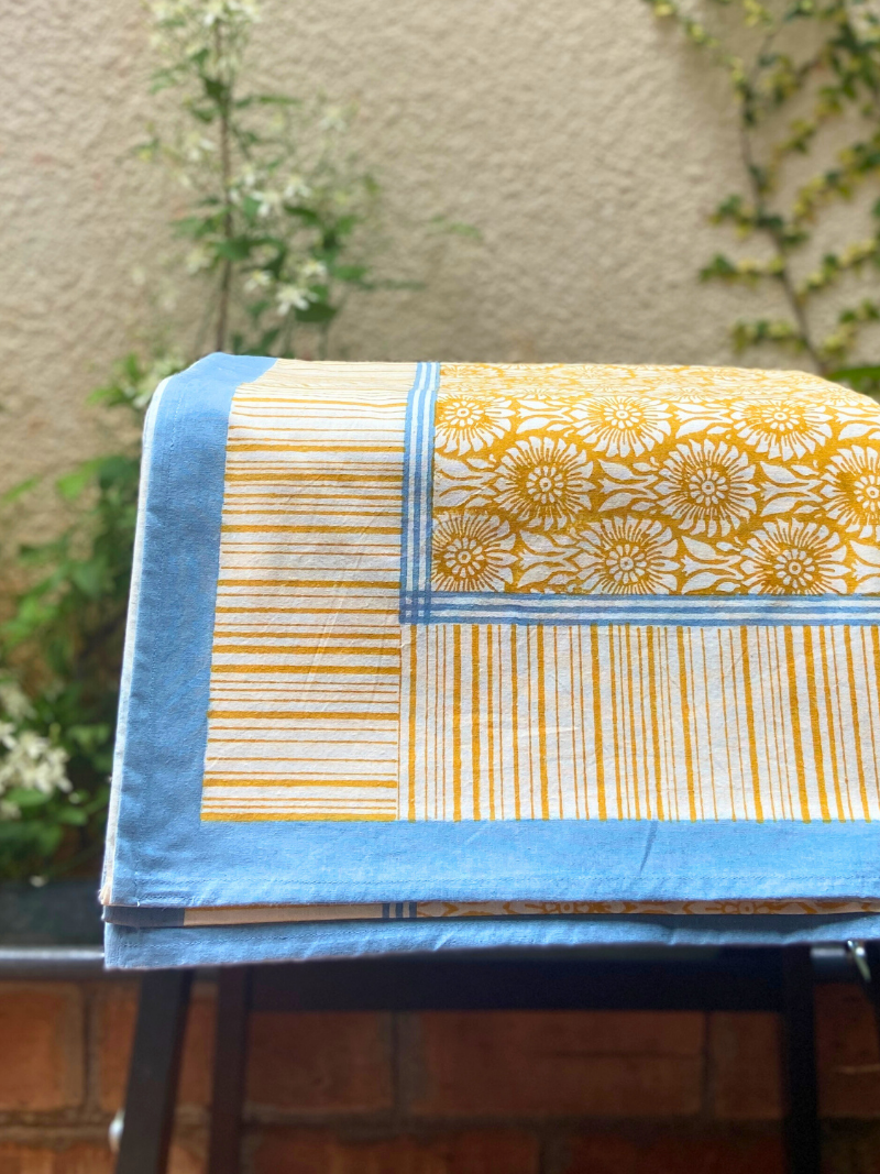 100% Cotton Block Print Table Cloth for 8 seater dining - Sun Flower Mustard