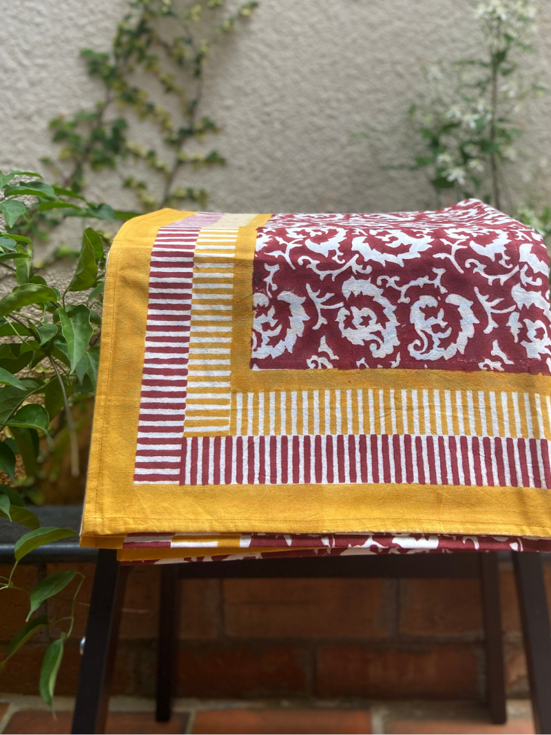 100% Cotton Block Print Table Cloth for 6 seater dining - Maroon Waves Modern
