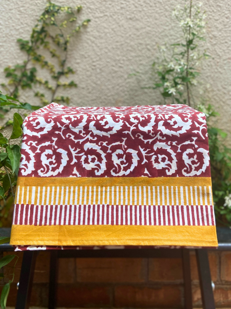 100% Cotton Block Print Table Cloth for 6 seater dining - Maroon Waves Modern