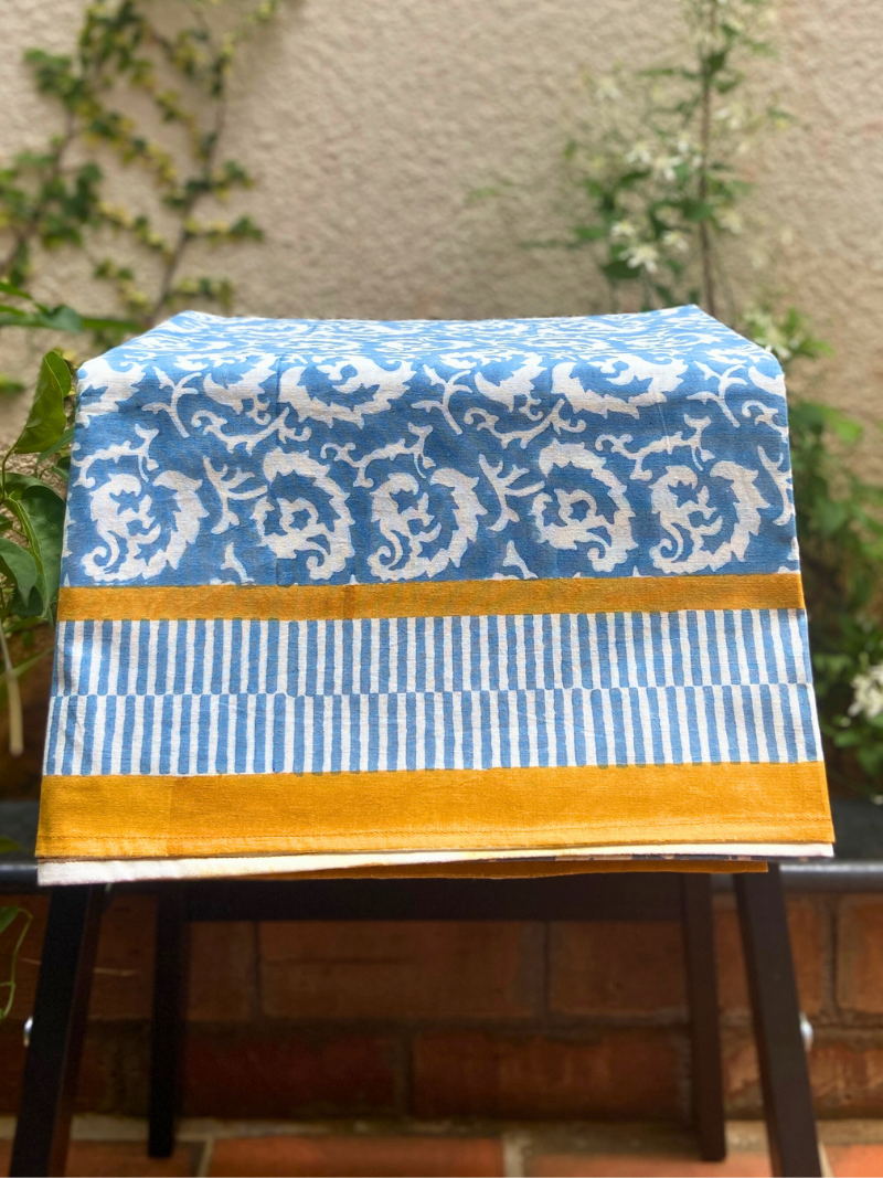 100% Cotton Block Print Table Cloth for 6 and 8 seater dining - Light Blue Waves Modern