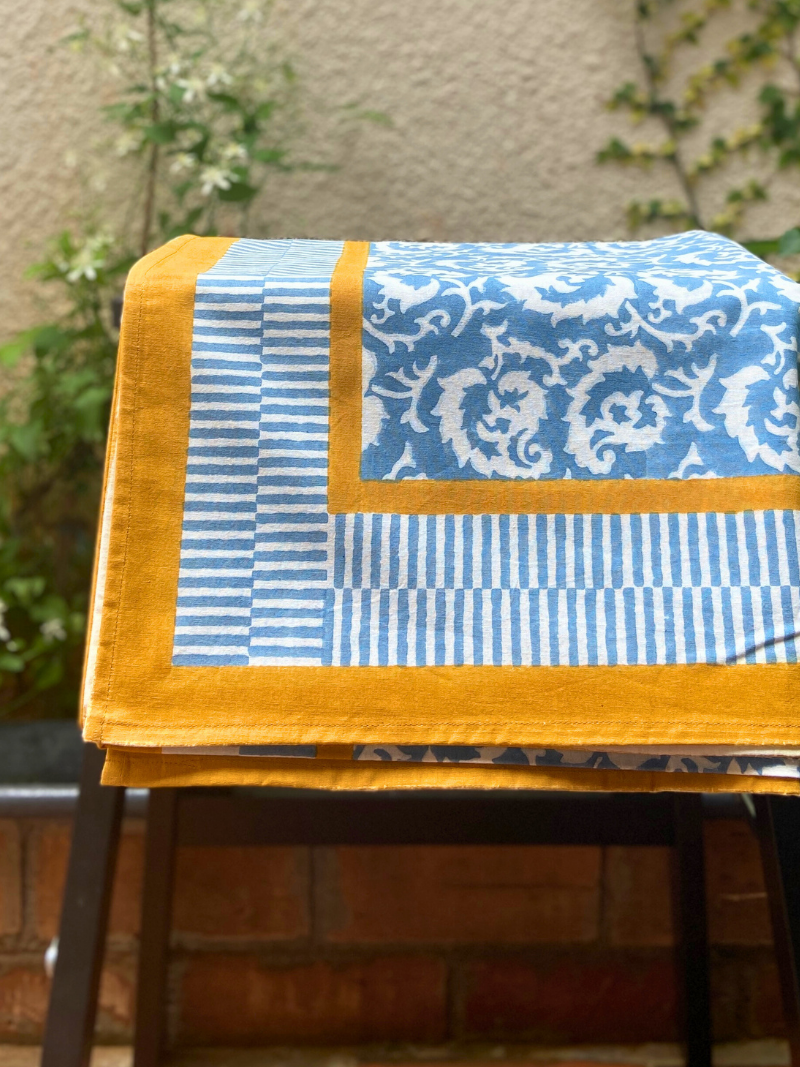 100% Cotton Block Print Table Cloth for 6 and 8 seater dining - Light Blue Waves Modern