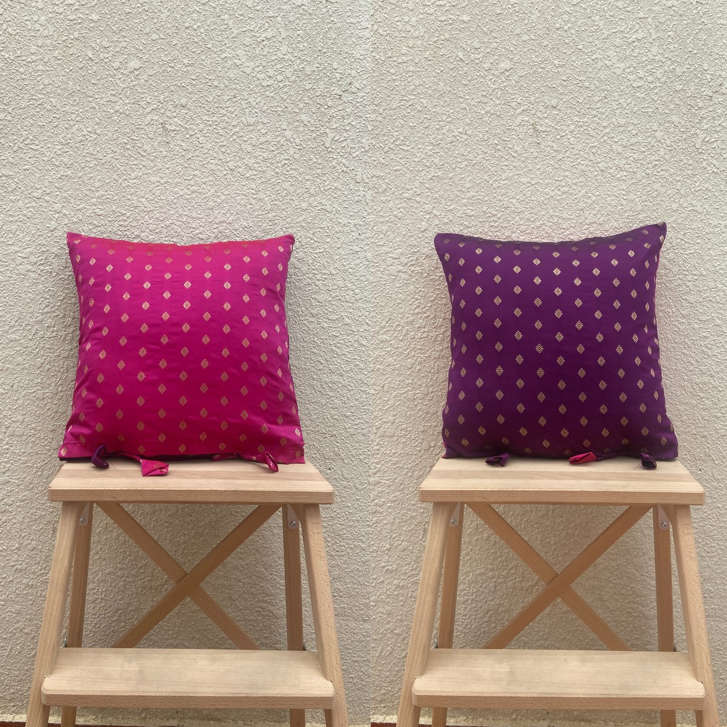 Double sided Pink-Purple with Muted Gold Motif cushion covers 16 x 16 inches