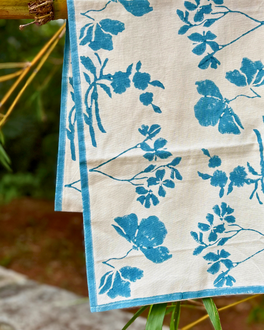Classic Block Print Table Runner for 6 or 8 seater dining - Powder Blue Botanical