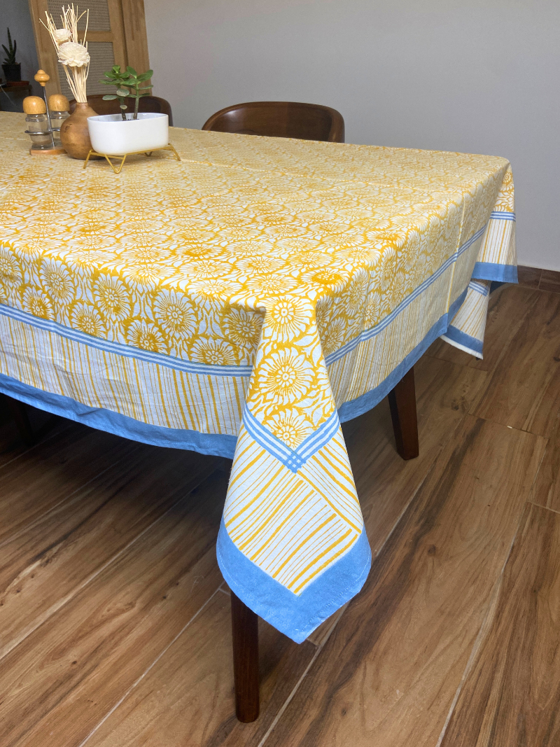 100% Cotton Block Print Table Cloth for 8 seater dining - Sun Flower Mustard