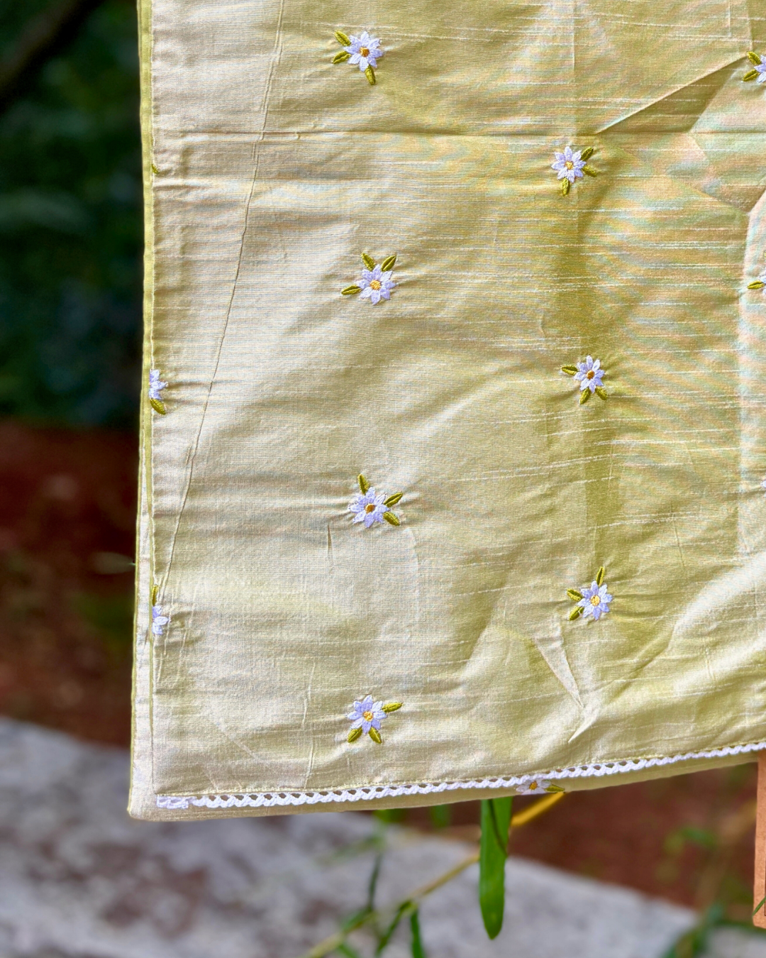 Embroidered Table Runner 12 x 90 inches - Pista Green with white flowers