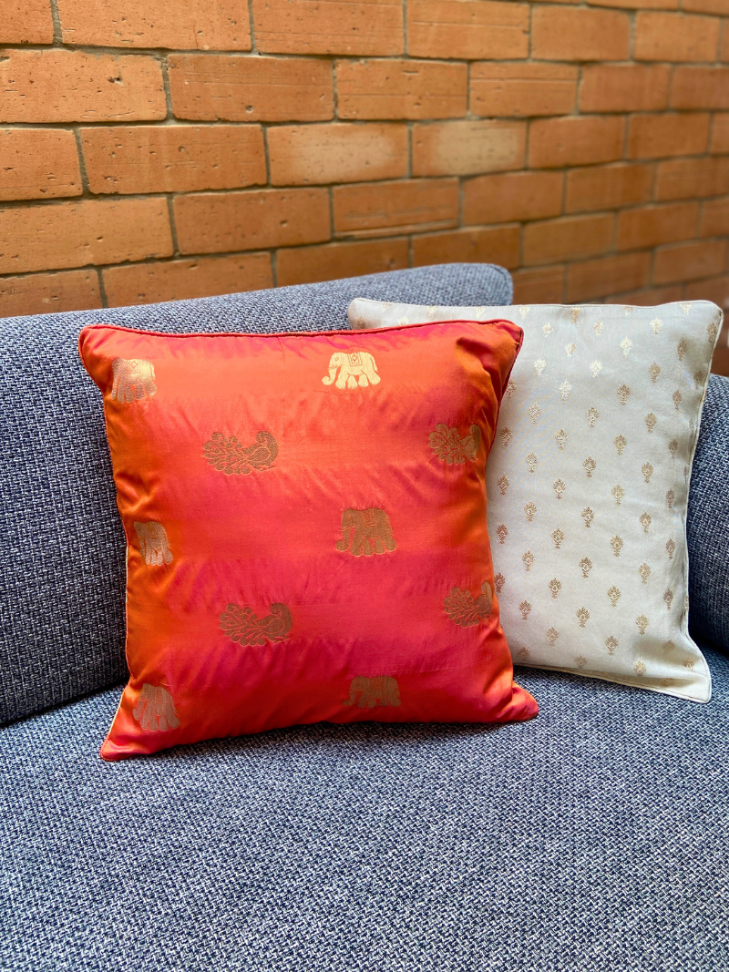 Elegant Festive cushion covers 16 x 16 inches - Peachy Orange with Big Gold Motif