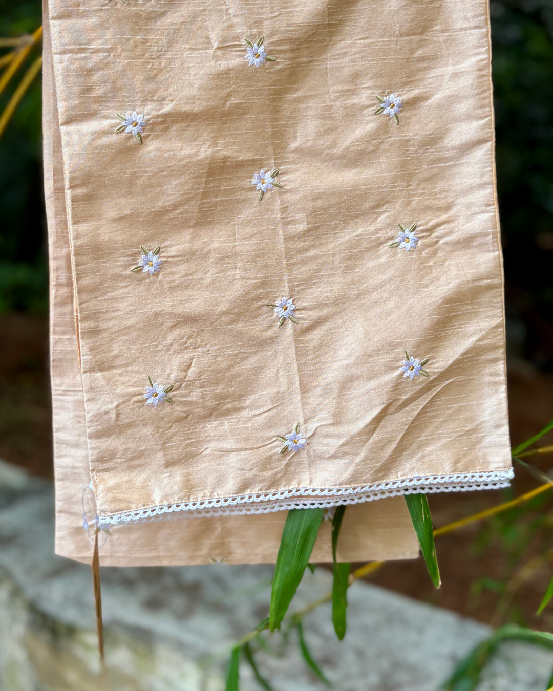 Embroidered Table Runner 12 x 90 inches - Powder Pink with white flowers