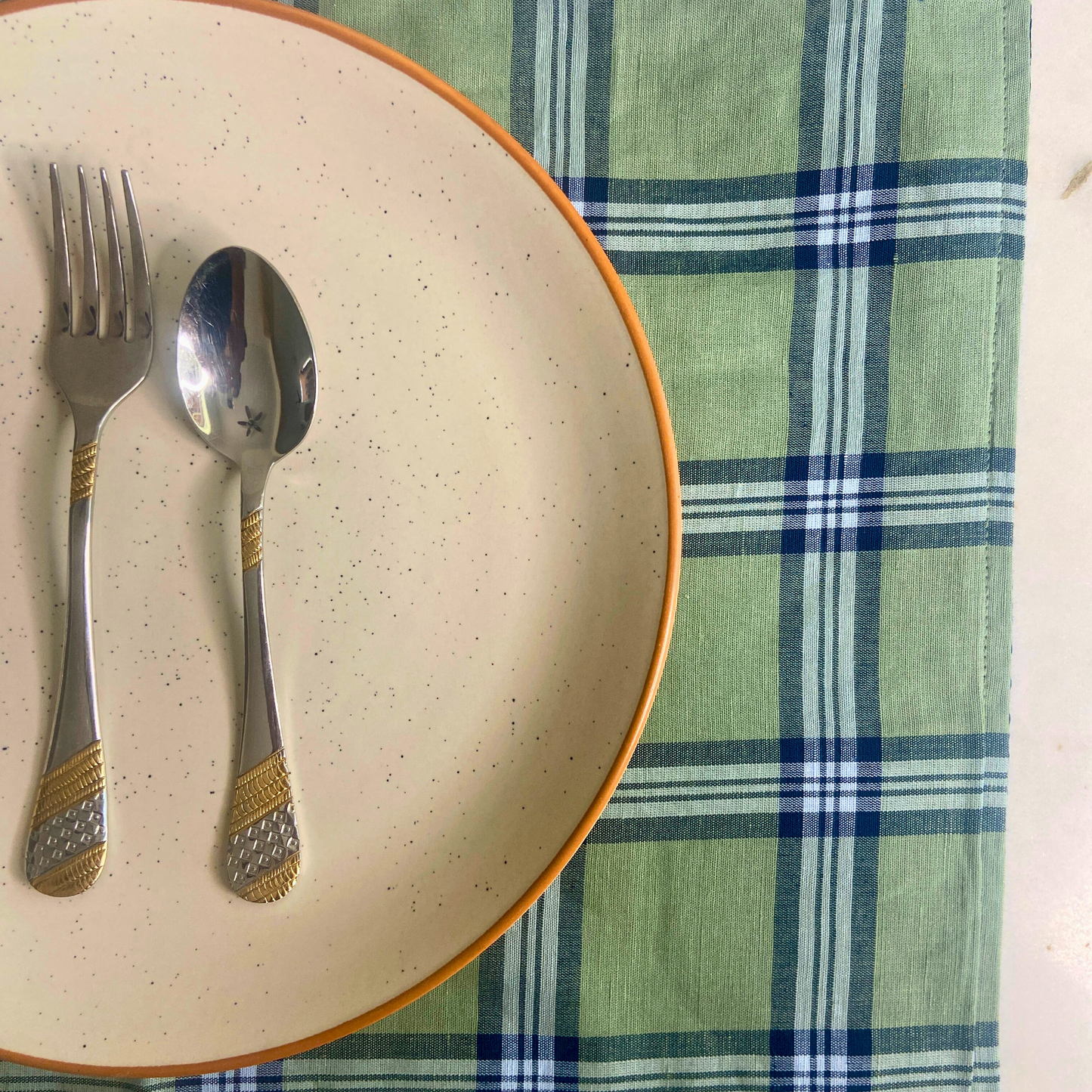 Cotton Canvas Minimalistic Placemats- Sage Green with Blue Checks