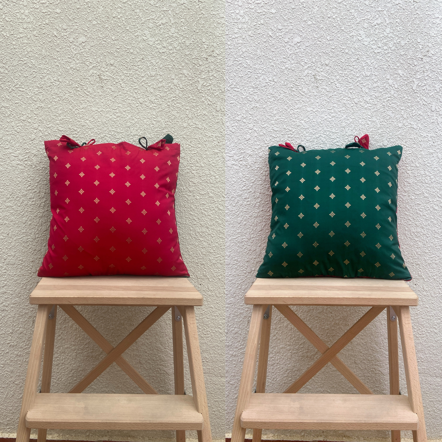 Double sided Red- Green with Muted Gold Motif cushion covers 16 x 16 inches