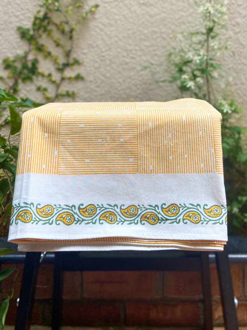 100% Cotton Block Print Table Cloth for 6 seater dining - Hatched Pattern Mustard