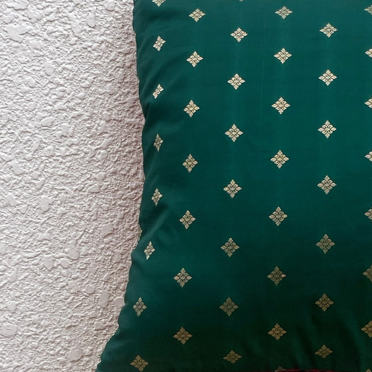 Double sided Red- Green with Muted Gold Motif cushion covers 16 x 16 inches