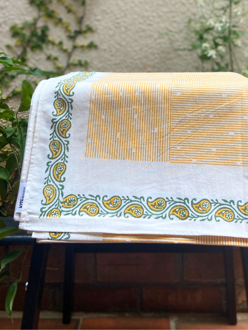 100% Cotton Block Print Table Cloth for 6 seater dining - Hatched Pattern Mustard