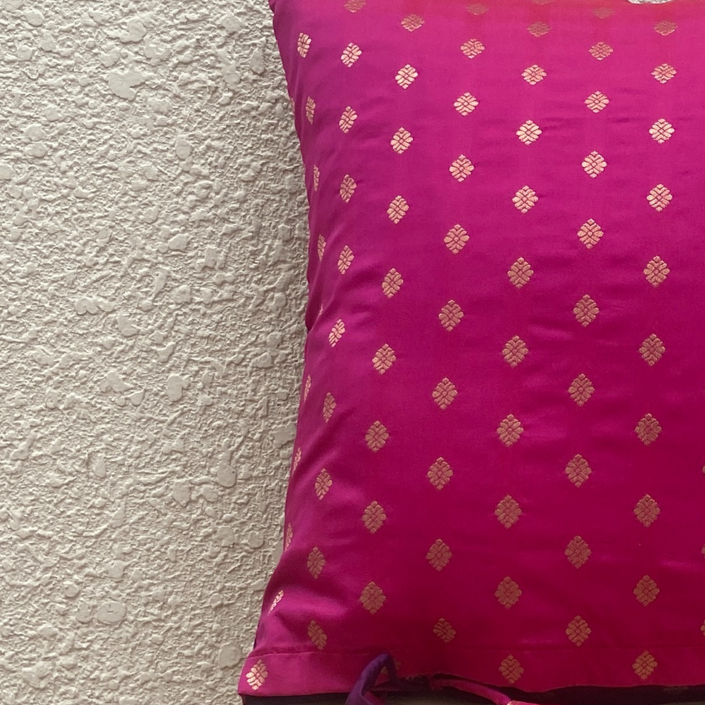 Double sided Pink-Purple with Muted Gold Motif cushion covers 16 x 16 inches