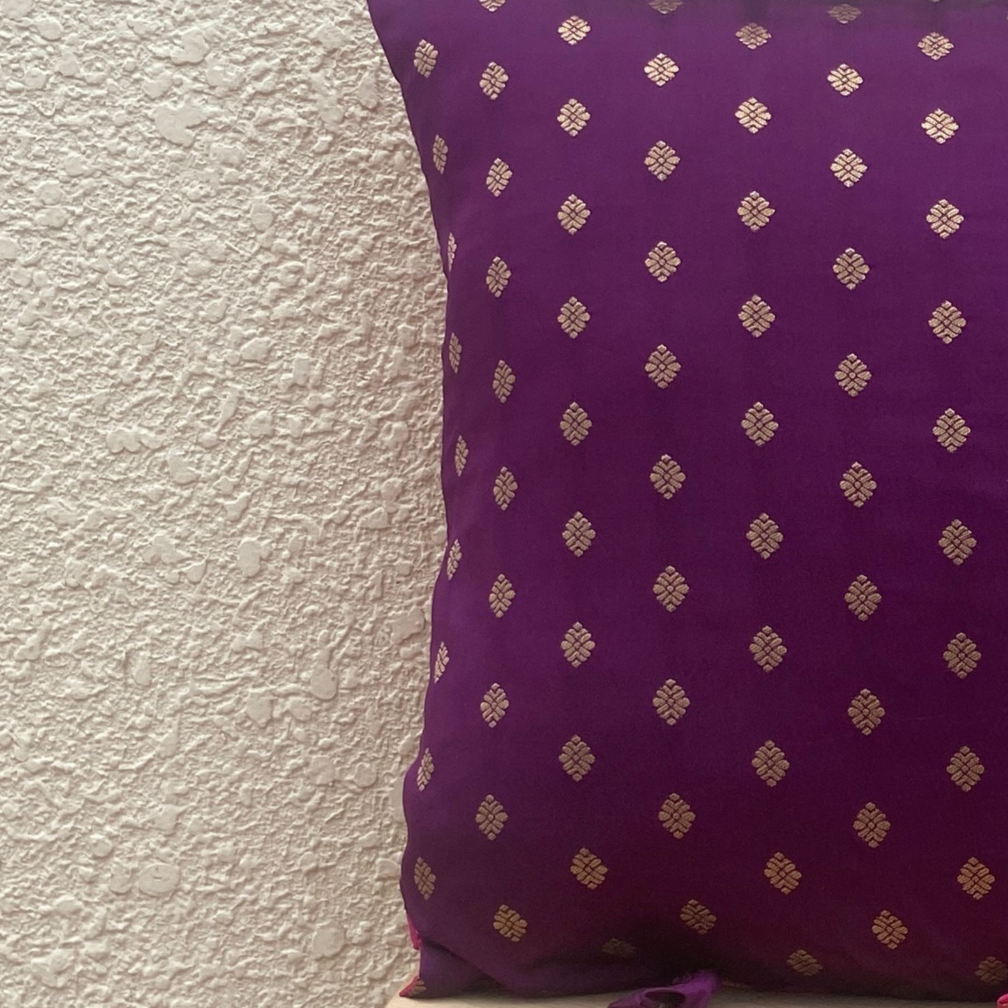 Double sided Pink-Purple with Muted Gold Motif cushion covers 16 x 16 inches