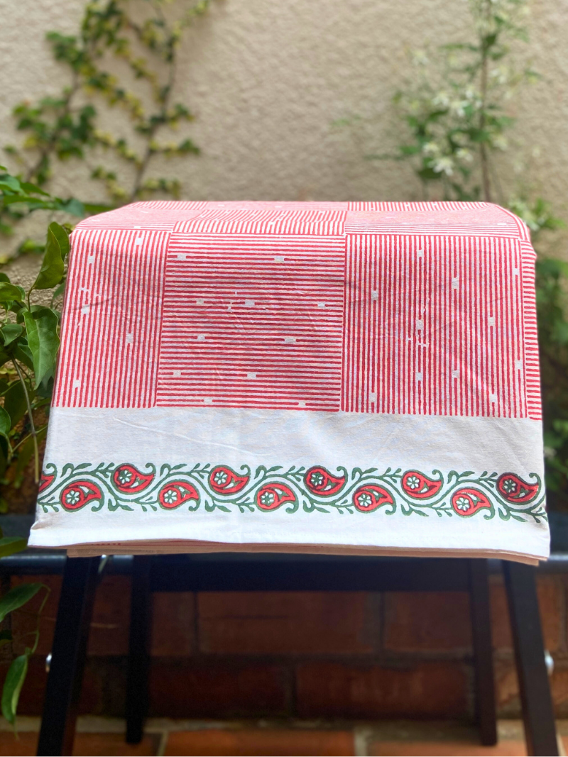 100% Cotton Block Print Table Cloth for 6 seater dining - Hatched Pattern Red