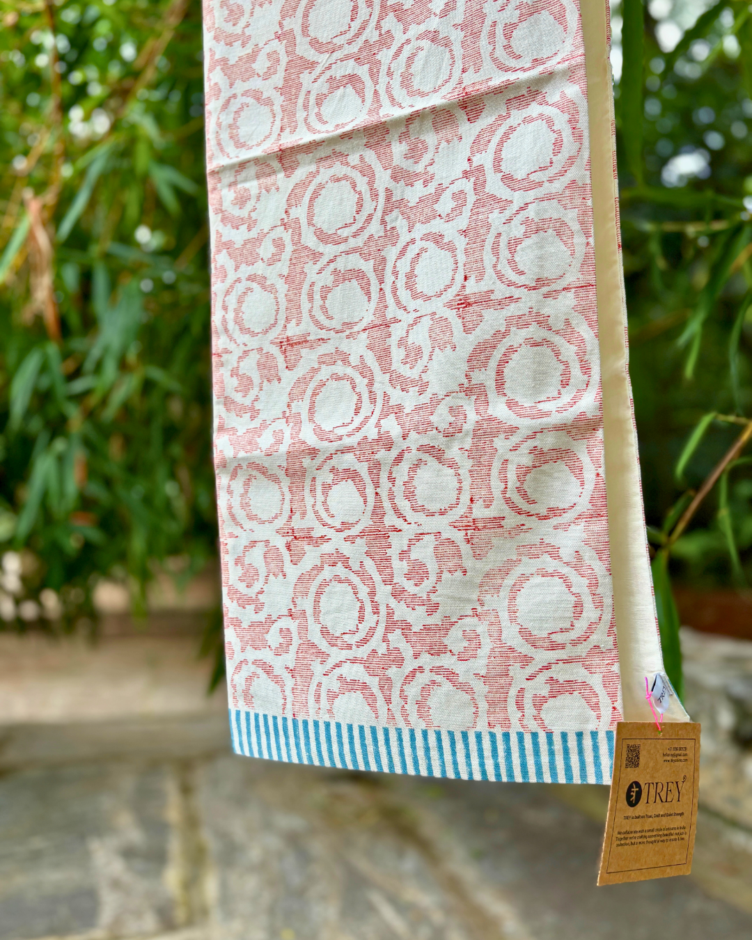 Classic Block Print Table Runner for 6 or 8 seater dining - Red Jacquard with Powder Blue Border