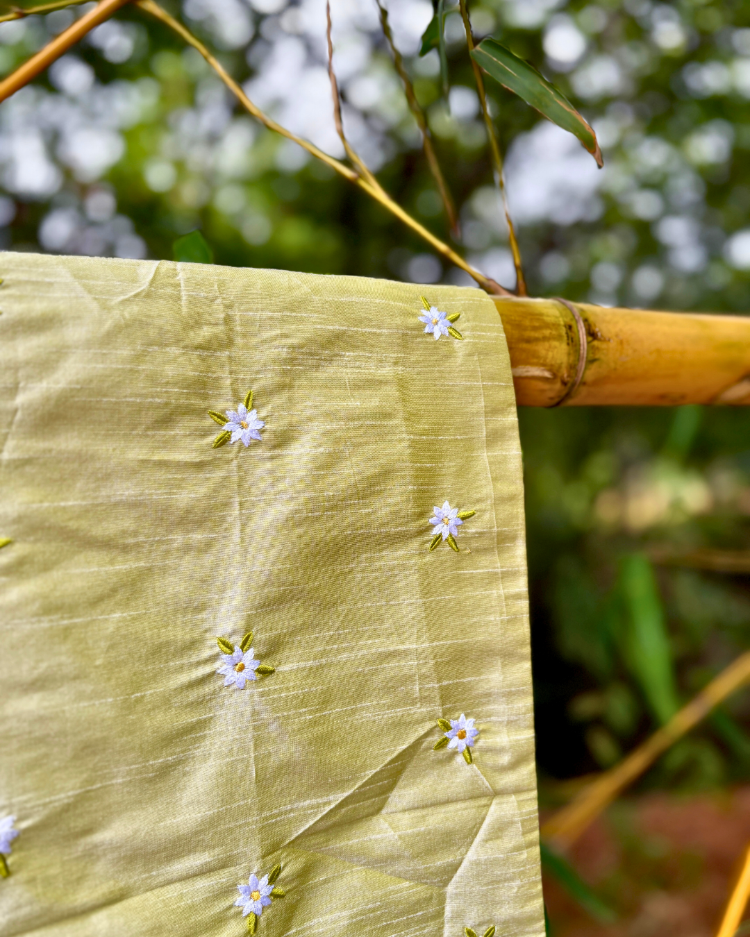 Embroidered Table Runner 12 x 90 inches - Pista Green with white flowers