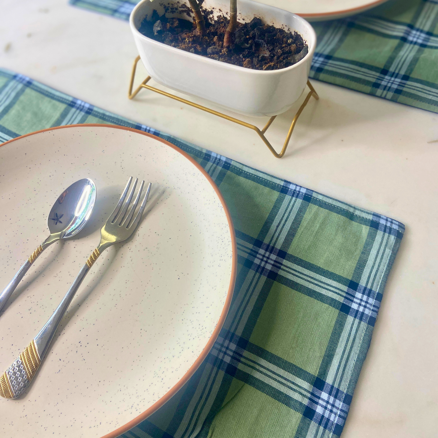 Cotton Canvas Minimalistic Placemats- Sage Green with Blue Checks