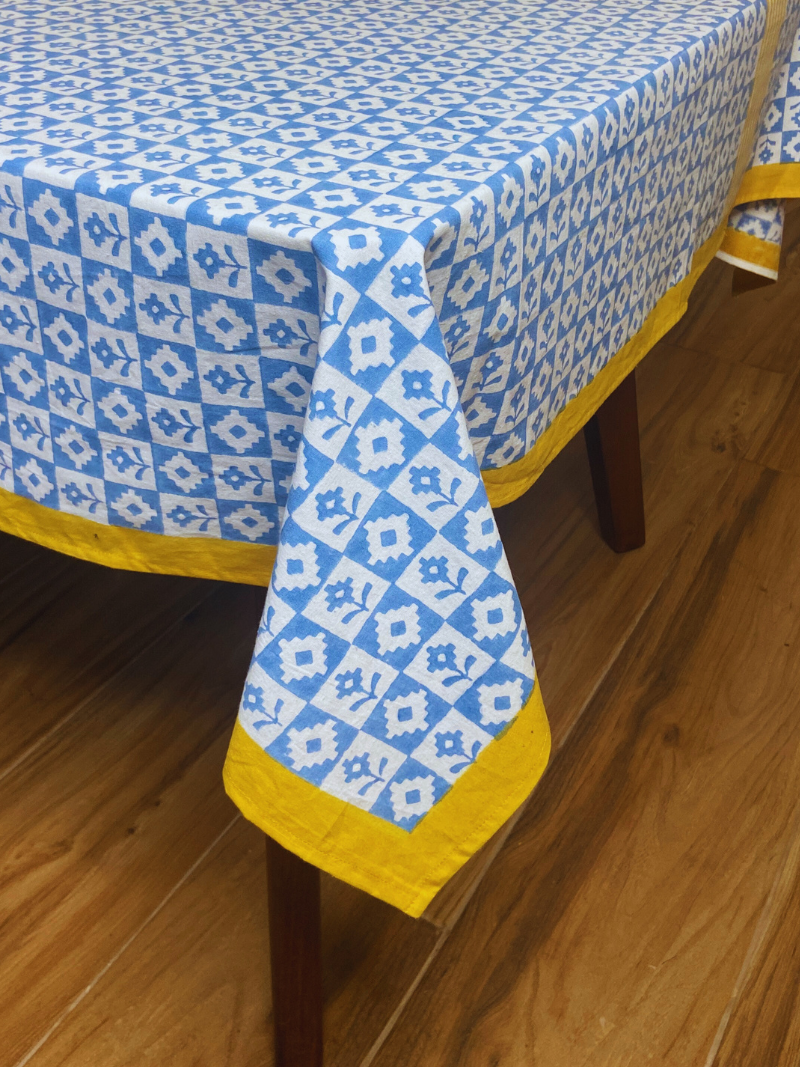 100% Cotton Block Print Table Cloth for 8 seater dining - Modern Pochampalli Blue Flowers