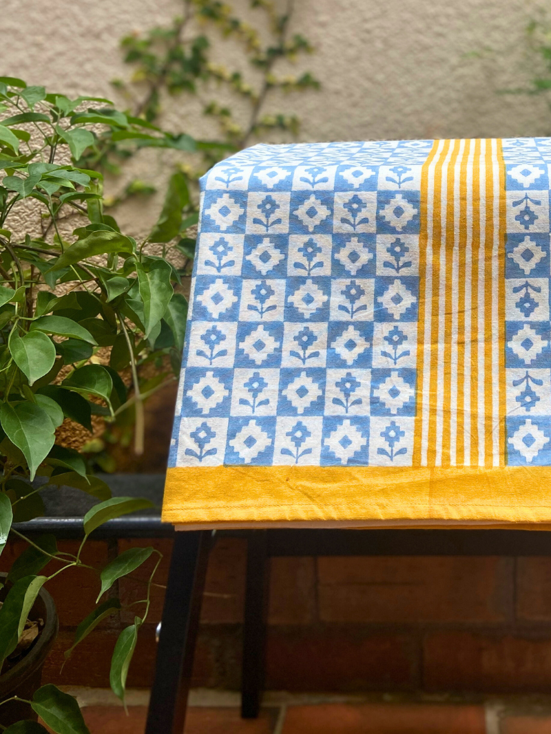 100% Cotton Block Print Table Cloth for 8 seater dining - Modern Pochampalli Blue Flowers