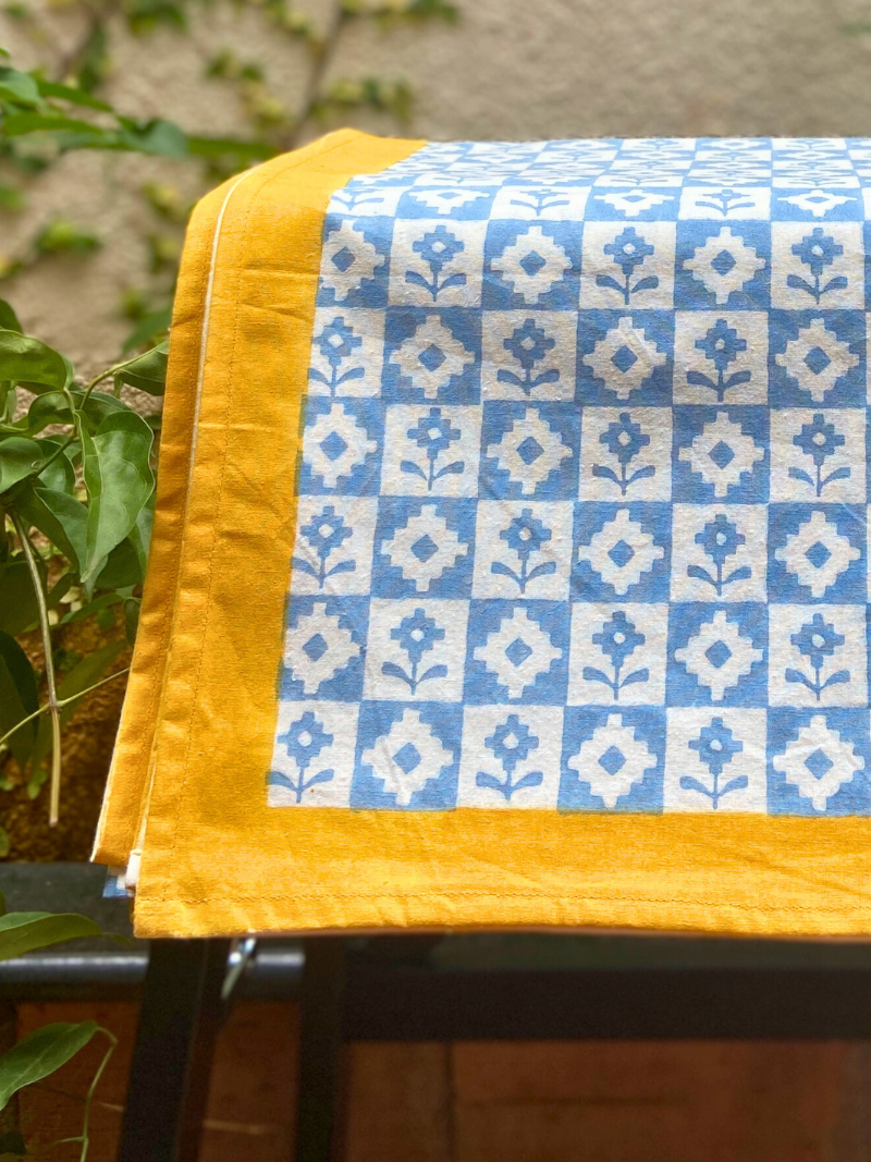 100% Cotton Block Print Table Cloth for 8 seater dining - Modern Pochampalli Blue Flowers