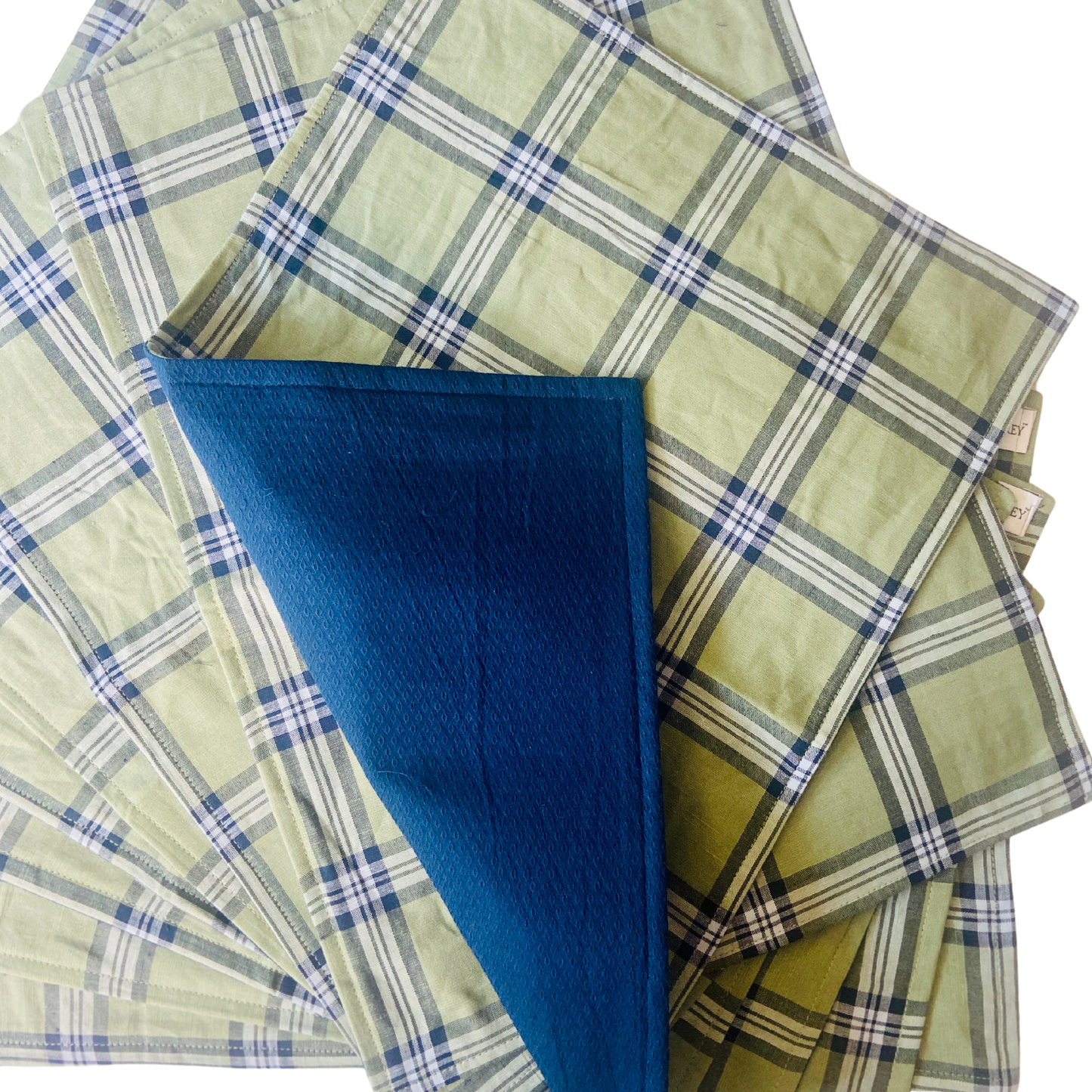 Cotton Canvas Minimalistic Placemats- Sage Green with Blue Checks