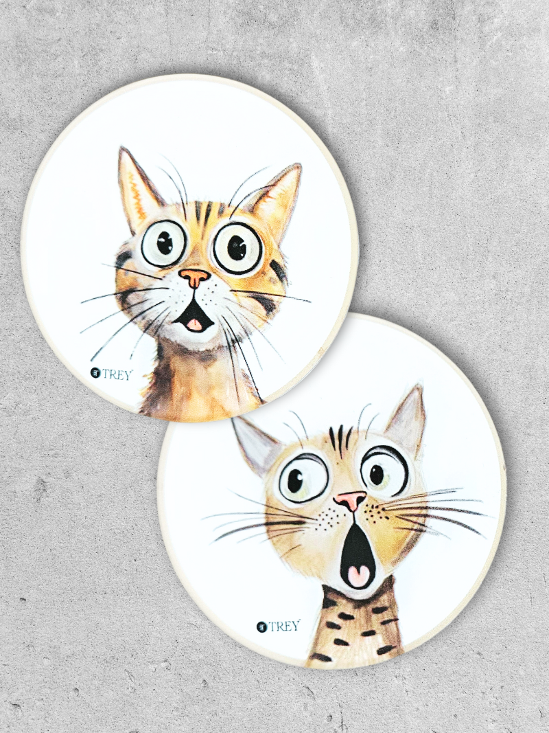 Quirky Cute Cats Waterproof Coasters for Tea, Coffee,Beer - Set of 2
