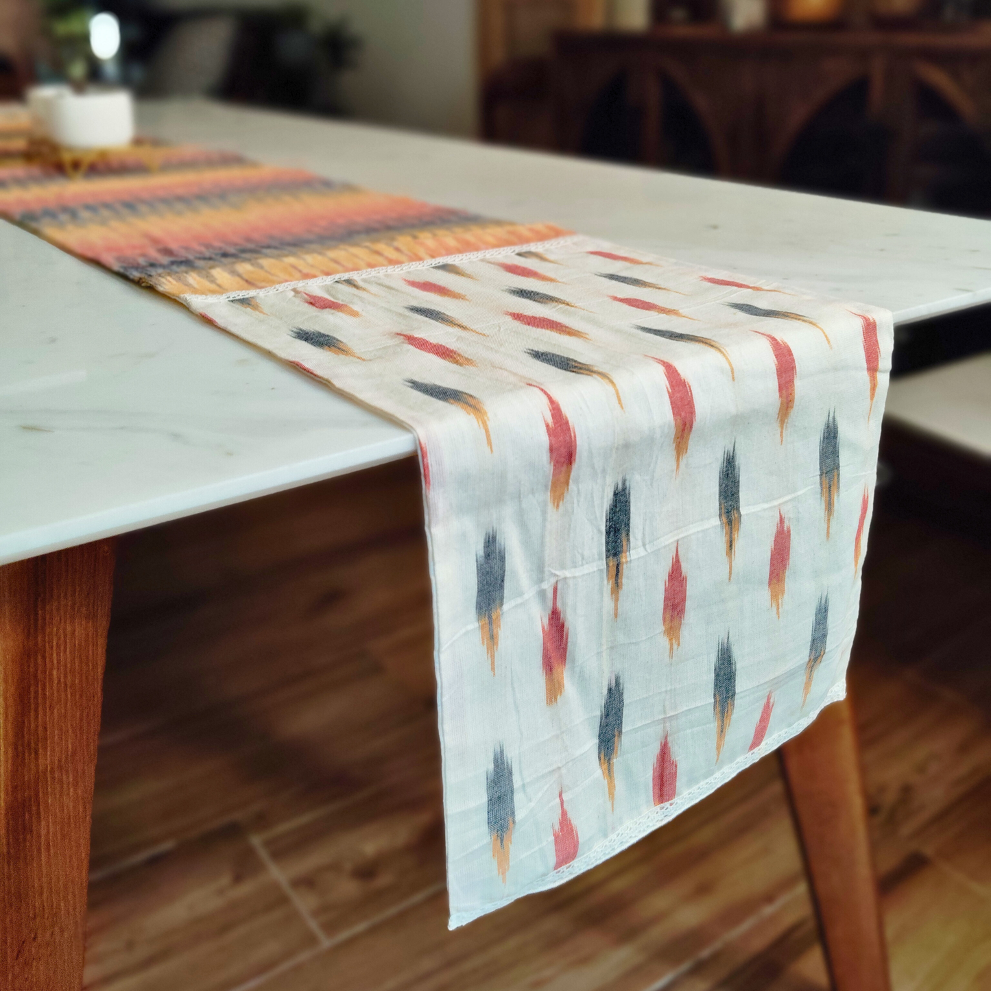 Modern Table Runner for 6 or 8 seater dining - Ikkat Red Print