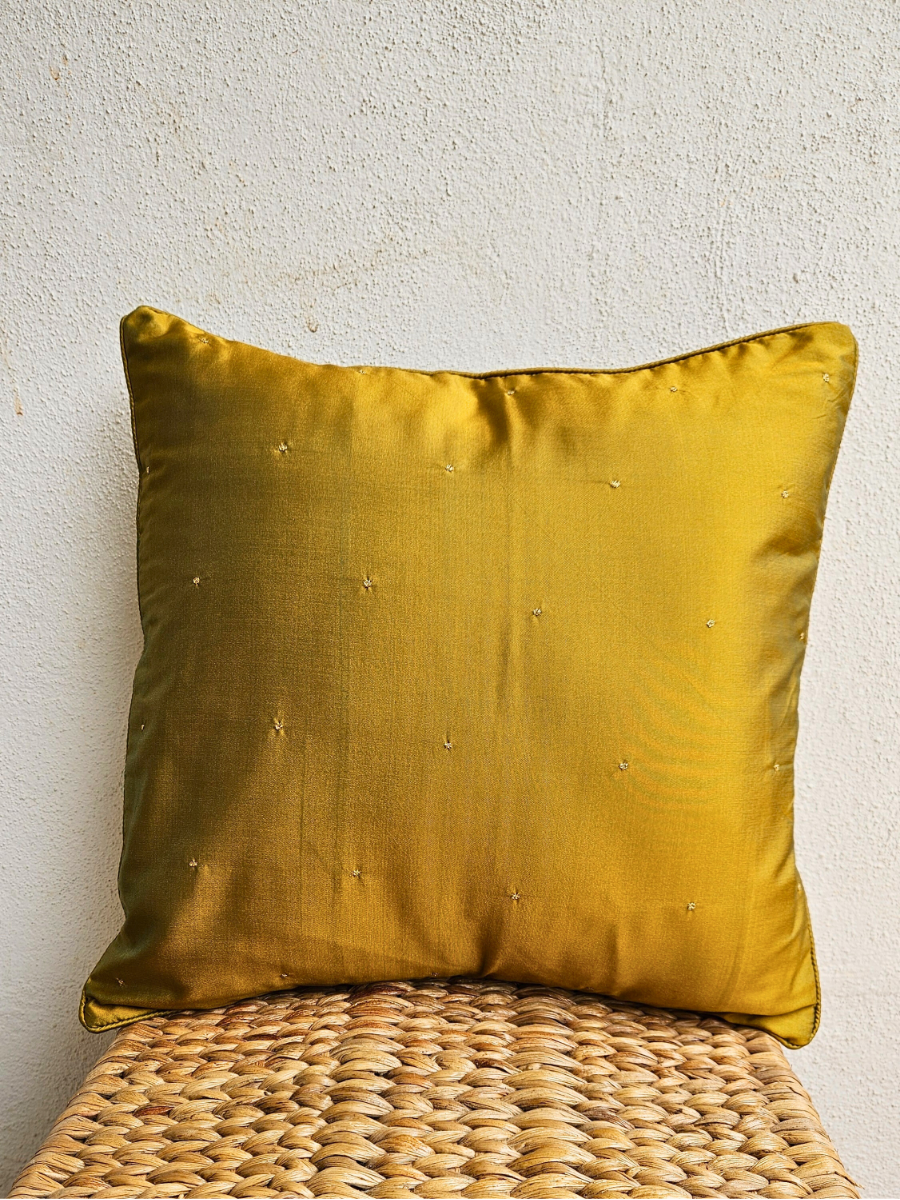 Hand Embroidered Cushion Cover 16 x 16 inches - Gold Dots on Green