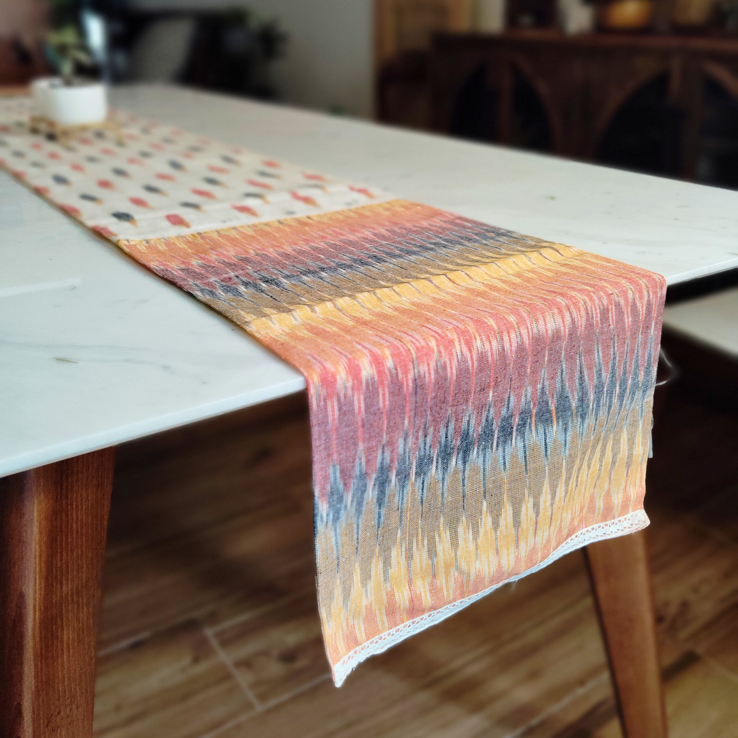 Modern Table Runner for 6 or 8 seater dining - Ikkat White Print