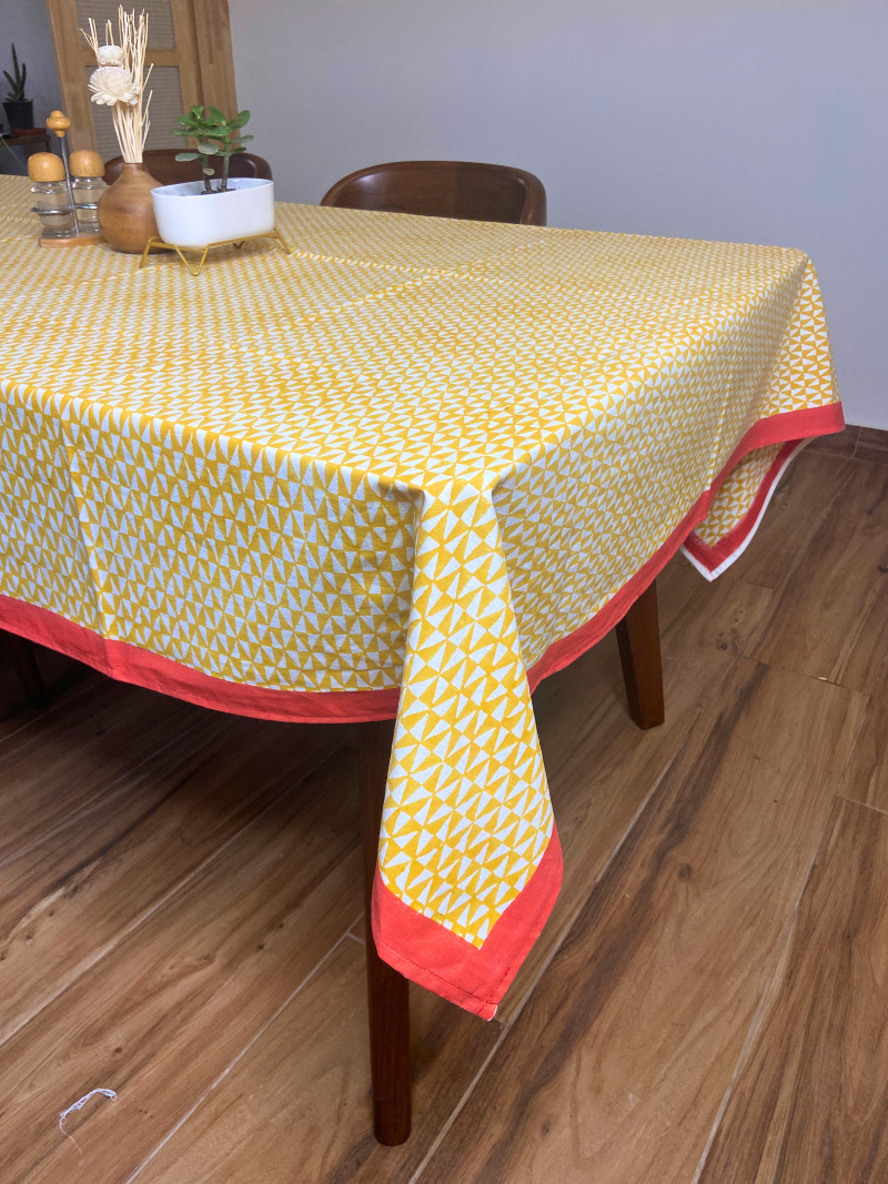100% Cotton Block Print Table Cloth for 8 seater dining - Mustard Geometric