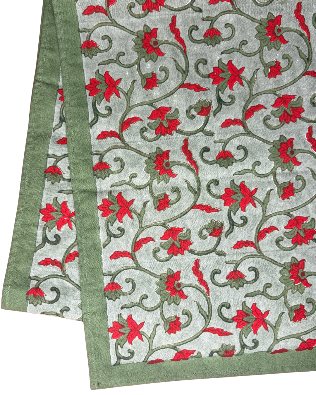 Christmas Table Runner Hand Block Printed 6 Seater - Green with red Floral trail