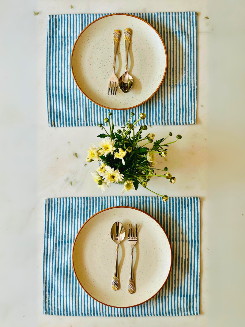 100% Cotton Canvas Minimalistic Block Printed Placemats - Blue Stripes