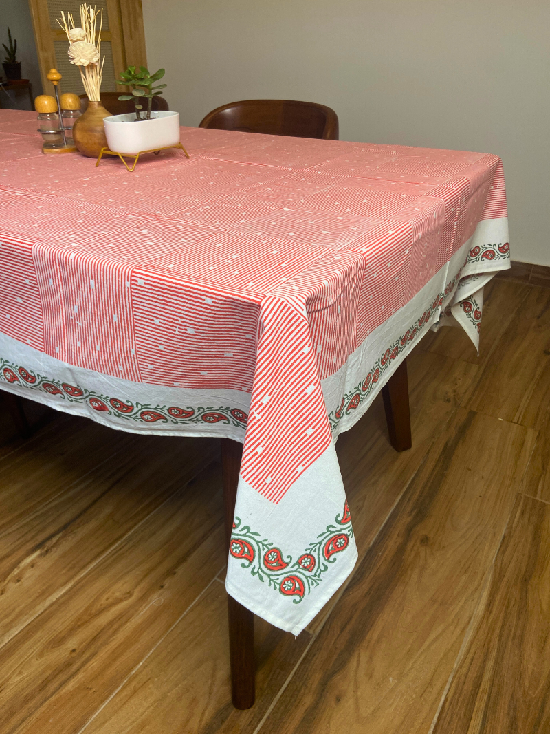 100% Cotton Block Print Table Cloth for 6 seater dining - Hatched Pattern Red