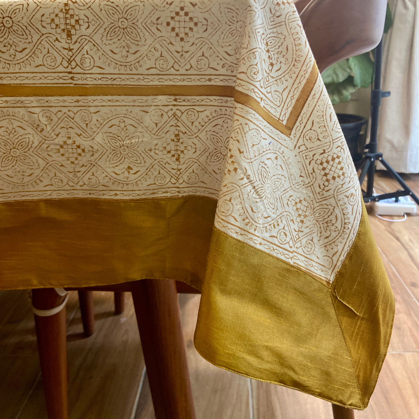100% Cotton Block Print Table Cloth for 6 or 8 seater dining - Mustard Jaipuri Print with Frills