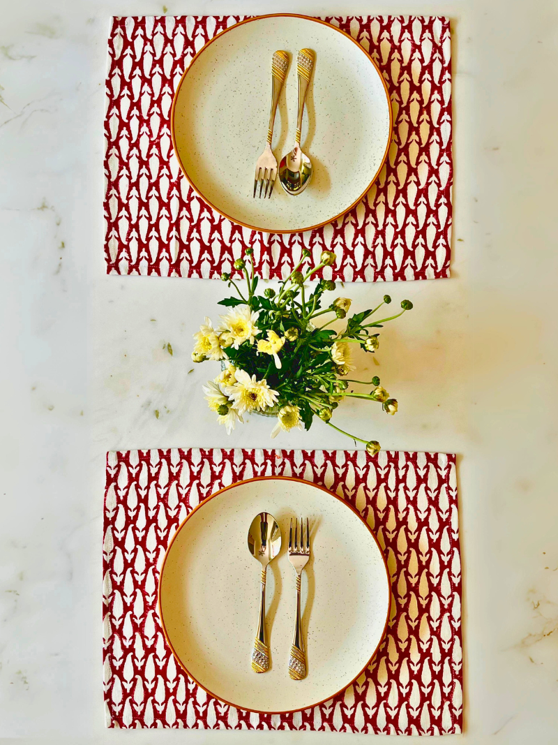 100% Cotton Canvas Minimalistic Block Printed Placemats- Maroon