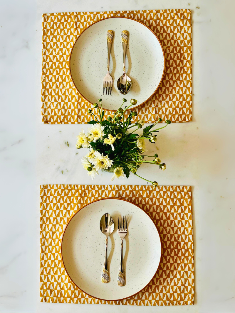 100% Cotton Canvas Minimalistic Block Printed Placemats- Mustard