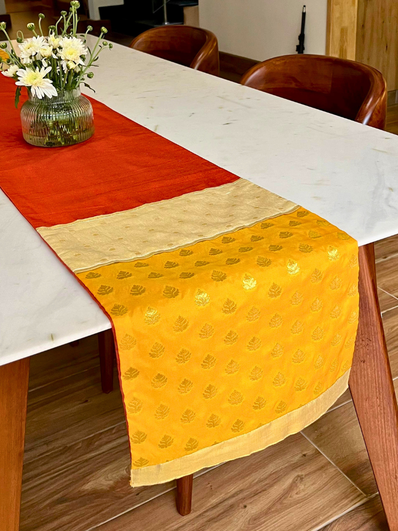 Festive Table Runner for 6 or 8 seater dining - Rust with Yellow Border