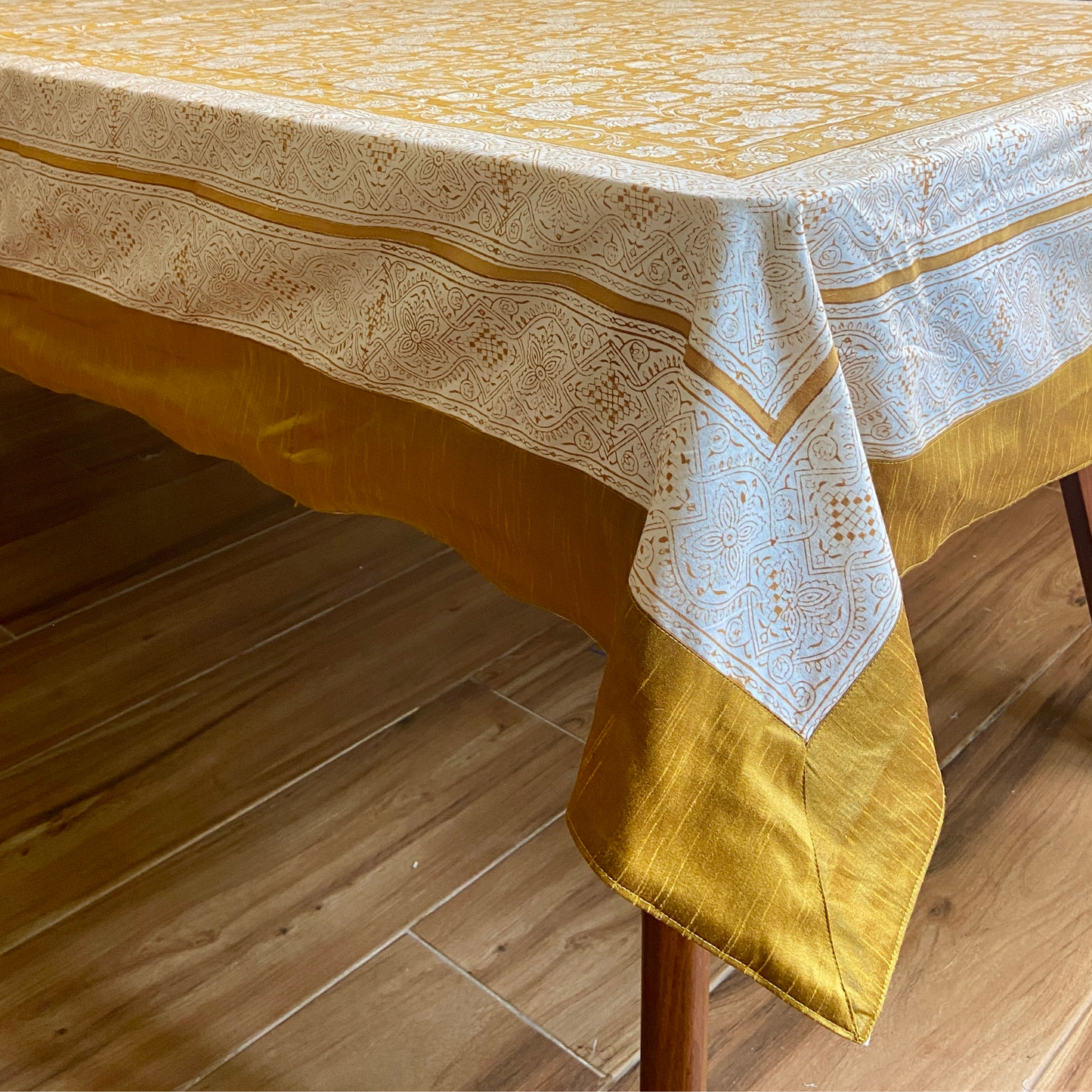 100% Cotton Block Print Table Cloth for 6 or 8 seater dining - Mustard Jaipuri Print with Frills