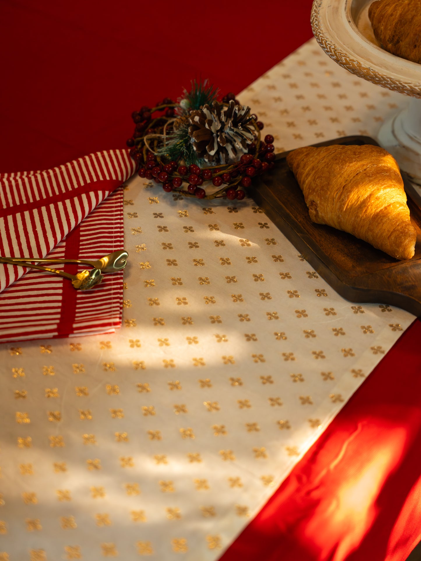 Christmas Table Runner - Off White with Gold Motif
